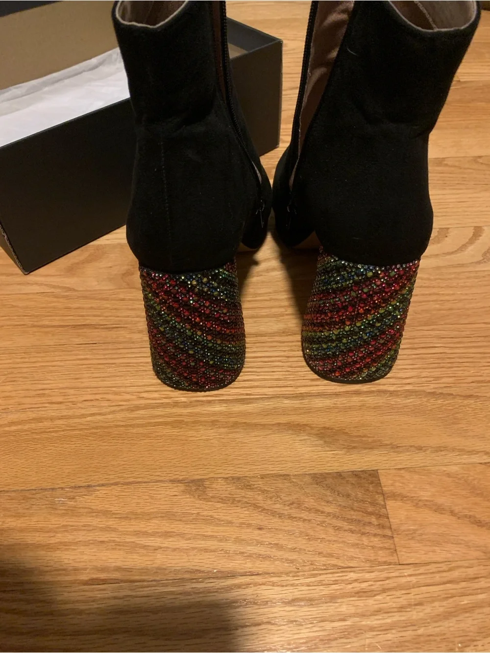Betsey Johnson Black Suede Ankle Boots with Rainbow Crystal Block Heel
